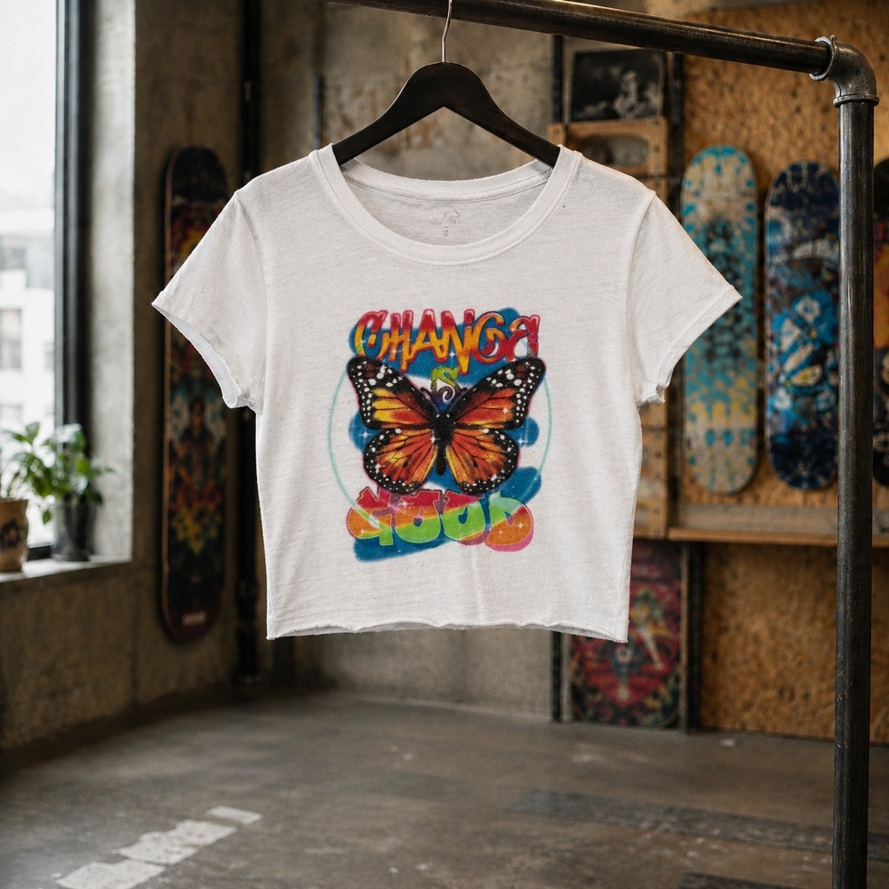 Prince & Fox White Butterfly Graphic Crop Top Baby Tee XS Change Is Good
